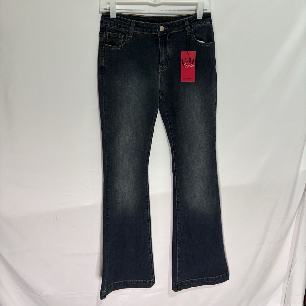 Emmiol Womens Blue Flared Denim Jeans Rhinestone Star Medium Wash Small